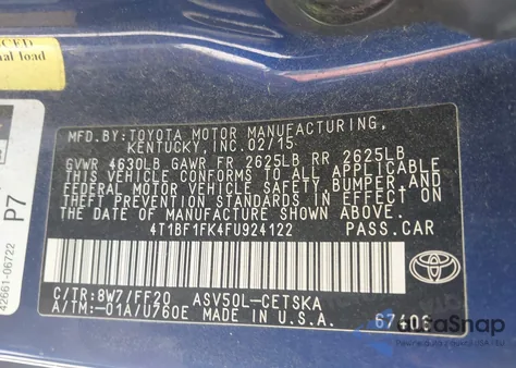 2015 Toyota Camry Se from USA, damaged, VIN 4T1BF1FK4FU924122